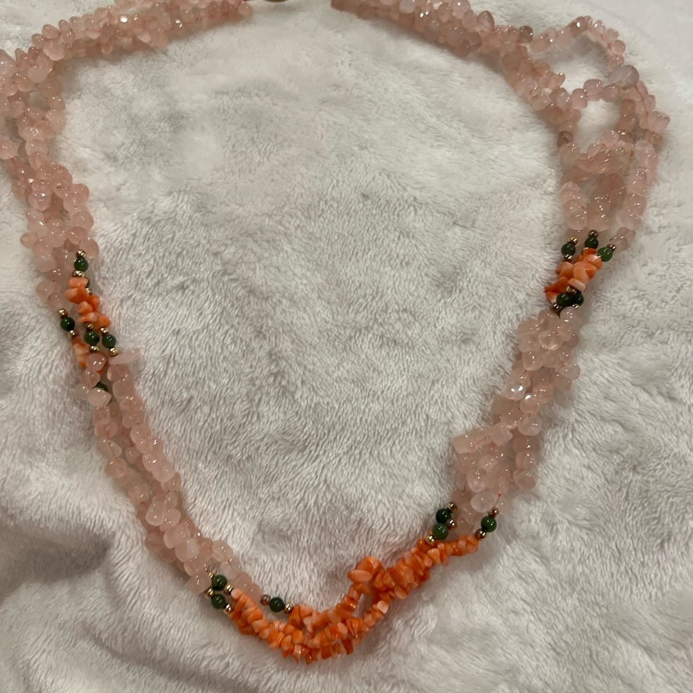 Rose Quartz Necklace with Coral and Jade Beads